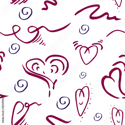 Tiny heart symbols, spiral round swirls and heartbeat pulse lines repeating softly. Hand drawn in ink, seamless pattern vector illustration. Romantic wedding fabric print, gift paper, web wallpaper.