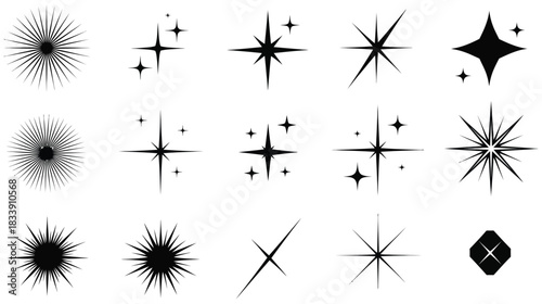 Versatile black sparkle and starburst vector set for shine effects, celebration, magic, and decorative design elements on white background.