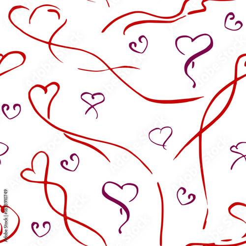Playful uneven hearts hand drawn in ink and pen, arranged as seamless repeat. Vector illustration. Valentine background, romantic design surface, wrapping texture. Kite ribbon tails, calligraphy style