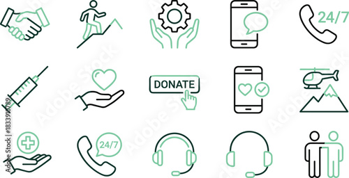 Modern healthcare support icons collection featuring medical assistance, communication services, emergency help, donation symbols, wellness care, and 