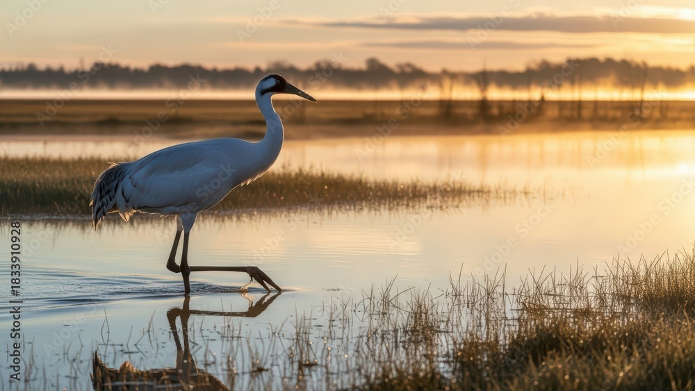 Naklejka premium Majestic crane in serene wetland at sunrise