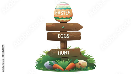 A festive easter signpost with a decorated egg at the top and directional signs pointing to eggs and hunt surrounded by grass carrots and easter eggs