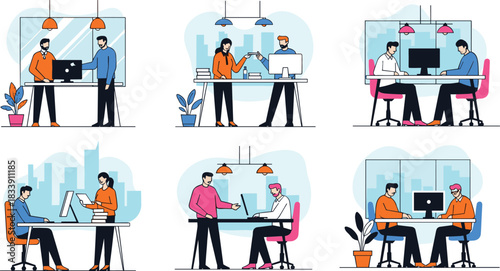 Set of six flat vector illustrations depicting diverse coworkers collaborating, discussing documents, and working together in a modern corporate office, symbolizing teamwork and business meetings