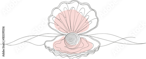 Continuous line art drawing of an open oyster shell containing a large round pearl, symbolizing ocean life, hidden treasures, beauty, luxury, and jewelry design vector