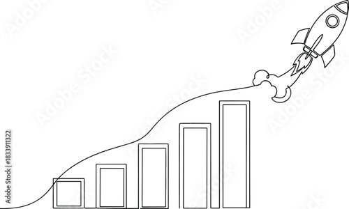 Continuous line art drawing of a rocket launching and soaring over a rising bar chart, symbolizing startup success, rapid business growth, achievement, and financial progress vector