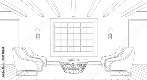 Detailed wireframe outline drawing of a modern interior living room with lounge chairs, window, geometric coffee table, and exposed beams, symbolizing architecture and home design