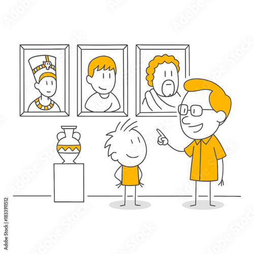 A Happy Teacher Giving Information to Students About Historical Artifacts by Pointing Out Artworks During a Museum Tour.