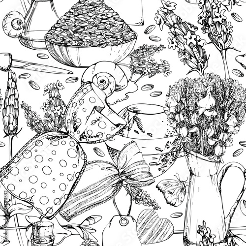 Sachet bags, lavender and Spanish broom bouquet in vintage vase, essential oil vial with dropper, seeds heap in clay bowl, rustic hearts and tags. Hand drawn in vector ink, isolated seamless pattern.