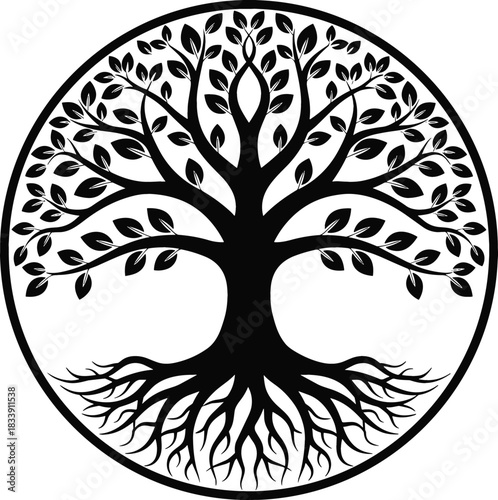 Black silhouette vector illustration of the sacred Tree of Life symbol, featuring strong roots, full canopy, and circular frame, symbolizing growth, connection, and nature