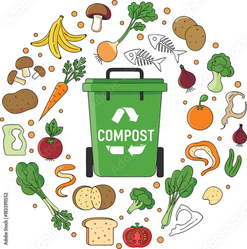 Green compost bin surrounded by organic food waste, fruit peels, and vegetable scraps, symbolizing recycling, sustainability, eco-friendly living, and environmental conservation vector illustration