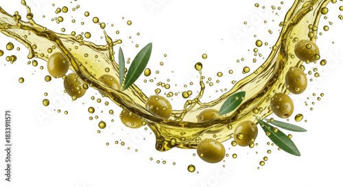 Splash of golden liquid with green olives and leaves in the air on transparent background
