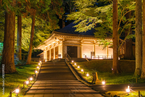 岩手県平泉町 中尊寺金色堂 秋のライトアップ