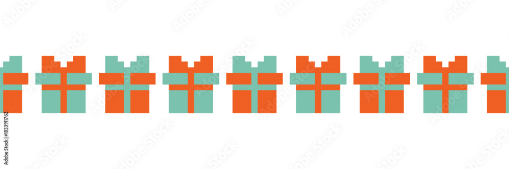 Obraz premium Seamless Gift Box Border in Vector Illustration. Seamless pattern of pixel art gift boxes in vibrant orange and teal.