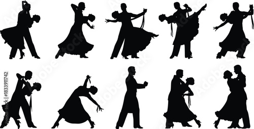 Ballroom dancing couple silhouettes performing elegant dance poses, tango and waltz movement illustration, romantic partner choreography vector art design isolated