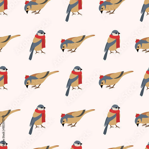 Vector illustration of birds in scarves and hats, creating a charming, seamless pattern ideal for Christmas, winter decor, textiles, or festive design projects.