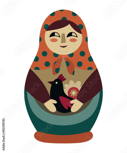 Traditional Matryoshka Doll with Folk Art Vector Illustration. Russian doll holds a decorative chicken, showcasing vibrant colors and cultural symbolism.