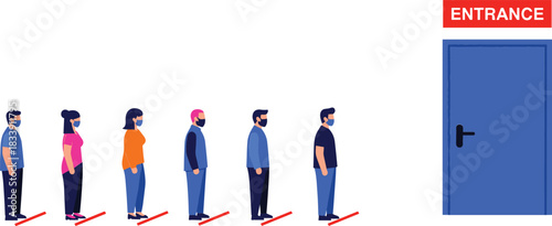 Diverse people wearing face masks standing in a queue at safe social distance waiting for entrance, symbolizing public health rules, virus safety, and new normal vector illustration