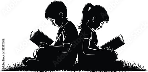 Children reading books outdoors, boy and girl silhouette sitting back to back, education and learning concept, kids studying in nature illustration
