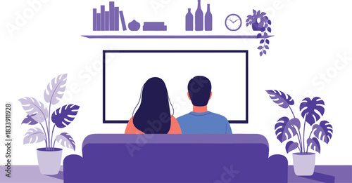Couple sitting together on a purple sofa at home, facing a large blank screen, symbolizing shared entertainment, relaxation, and cozy movie night indoors vector illustration.