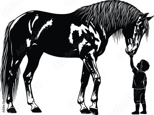 Child touching horse silhouette, friendship between kid and animal, farm pet care illustration, equestrian bond artwork, black vector design isolated