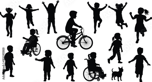 Children silhouettes playing, running, jumping, riding bicycle and wheelchair, inclusive kids outdoor activity vector set, happy childhood movement illustration design