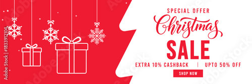 Festive red and white Christmas sale banner with hanging snowflake ornaments and gift boxes, modern holiday typography, special discount and cashback offer design, ideal for seasonal retail, web ads, 