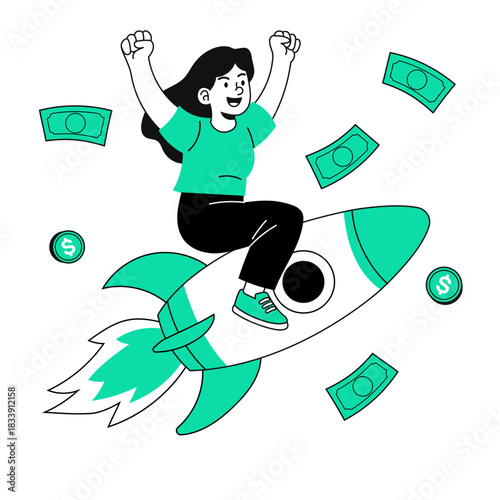 Soaring to success woman celebrates financial growth riding a rocket with money rain, symbolizing innovation, investment and achieving dreams through hard work