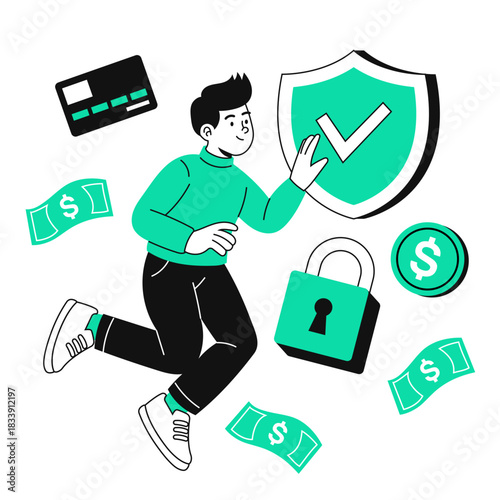 Modern financial security concept with man interacting with digital shield, padlock, money and credit card for banking and investment protection