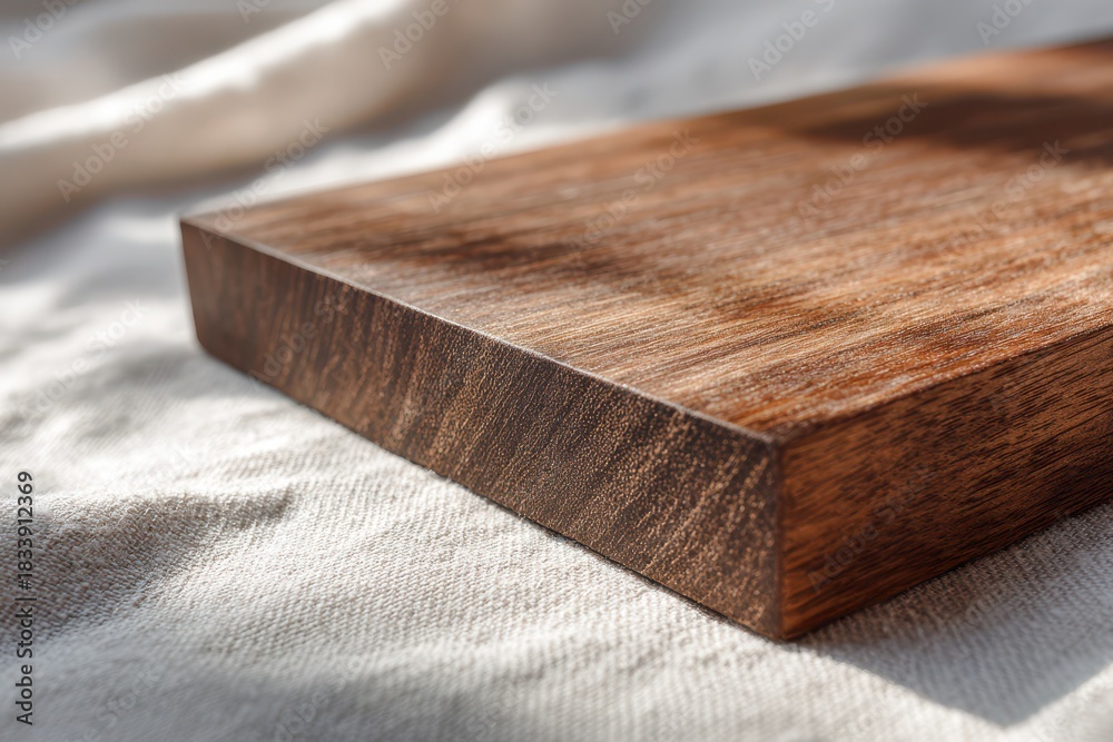 Fototapeta premium Minimalist scene: walnut cutting board on neutral linen background