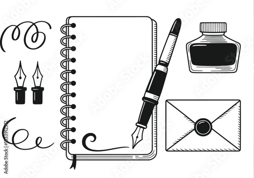 Black and white illustration of a notebook pen inkwell and envelope with decorative swirls writing