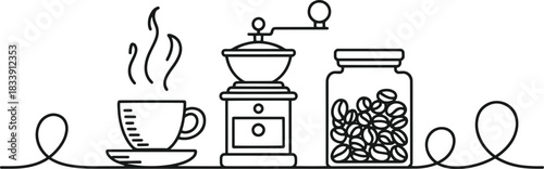 Black and white line art illustration of a steaming coffee cup a manual coffee grinder and a jar of coffee beans