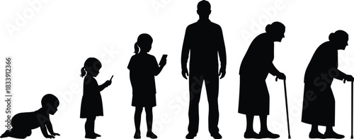 Human life cycle silhouette evolution stages, baby to elderly aging process, growth development concept, generational change timeline illustration vector art