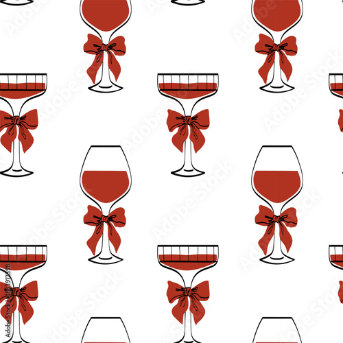 Elegant cocktail glasses with red bows on a white background in a pattern design suitable for festive occasions