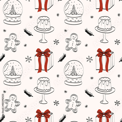 Festive winter holiday pattern featuring snow globes, cakes, gift boxes, and gingerbread cookies in black and white