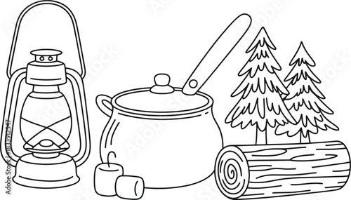 Camping scene with lantern pot marshmallows pine trees and log vector