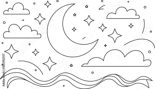 Black outline crescent moon stars clouds and wavy lines on white background vector