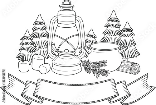 Camping scene with lantern pot pine trees log and banner illustration vector