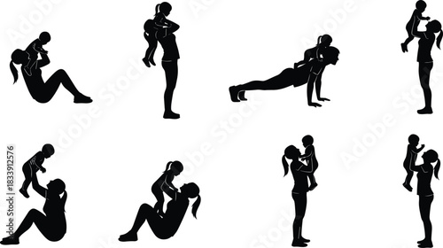 Mother exercising with baby silhouette set, active mom workout parenting poses, fitness family concept, playful bonding activities healthy lifestyle illustration