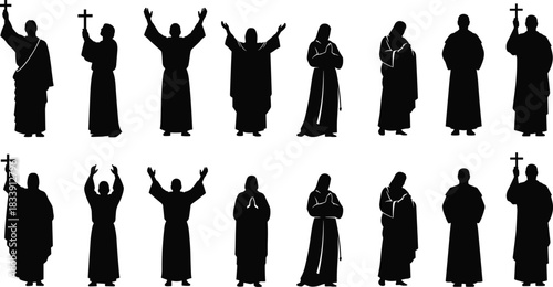 Religious worship silhouette group, people praying with cross, spiritual devotion poses, faith belief illustration, meditation prayer posture collection vector art