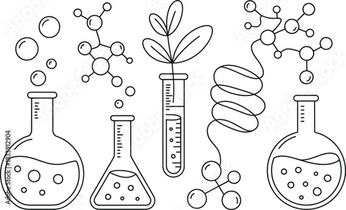 Black and white line art of scientific laboratory equipment and molecular structures science chemistry