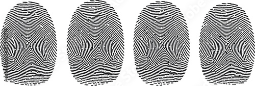 Set of detailed black fingerprint patterns isolated on white background, biometric security identity, unique human fingerprints for forensic analysis, authentication technology design