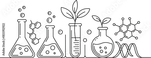 Chemistry laboratory equipment with molecular structures and D N A helix science research