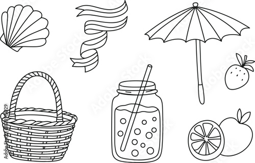 Black and white line art collection of summer beach picnic items vacation travel