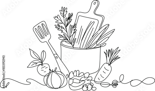 Single line drawing of kitchen utensils and fresh vegetables in a pot cooking food