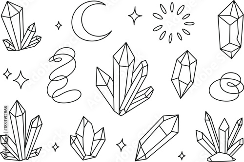 Black outline crystals moon stars and abstract shapes on white background mineral rock