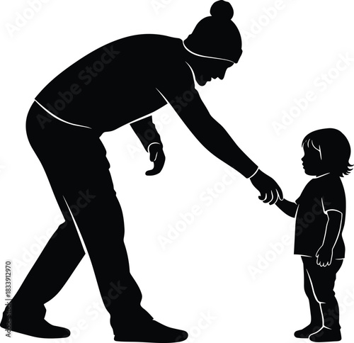 Silhouette father helping small child, parent support tenderness, family connection caring moment, dad teaching daughter trust, parenting love illustration design vector