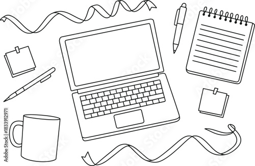 Black and white line drawing of a laptop notebook pens sticky notes and a mug pencil