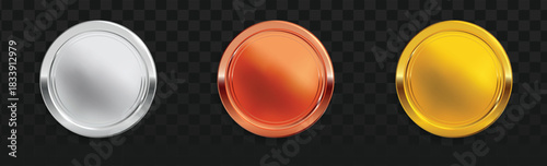 Realistic 3D set of three blank round badges in gold, silver, and bronze finishes. Ideal for game UI, achievement icons, medal rankings, award recognition, and digital interface designs.