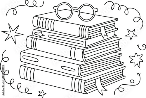 Stack of books with round glasses and decorative swirls and stars book stack reading