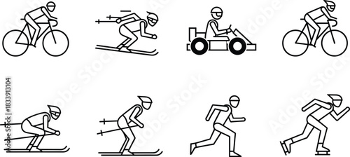 Sport activity icons, bicycle riding, skiing, kart racing, running, skating, athlete silhouette outline vector, sports illustration for competition and fitness design
